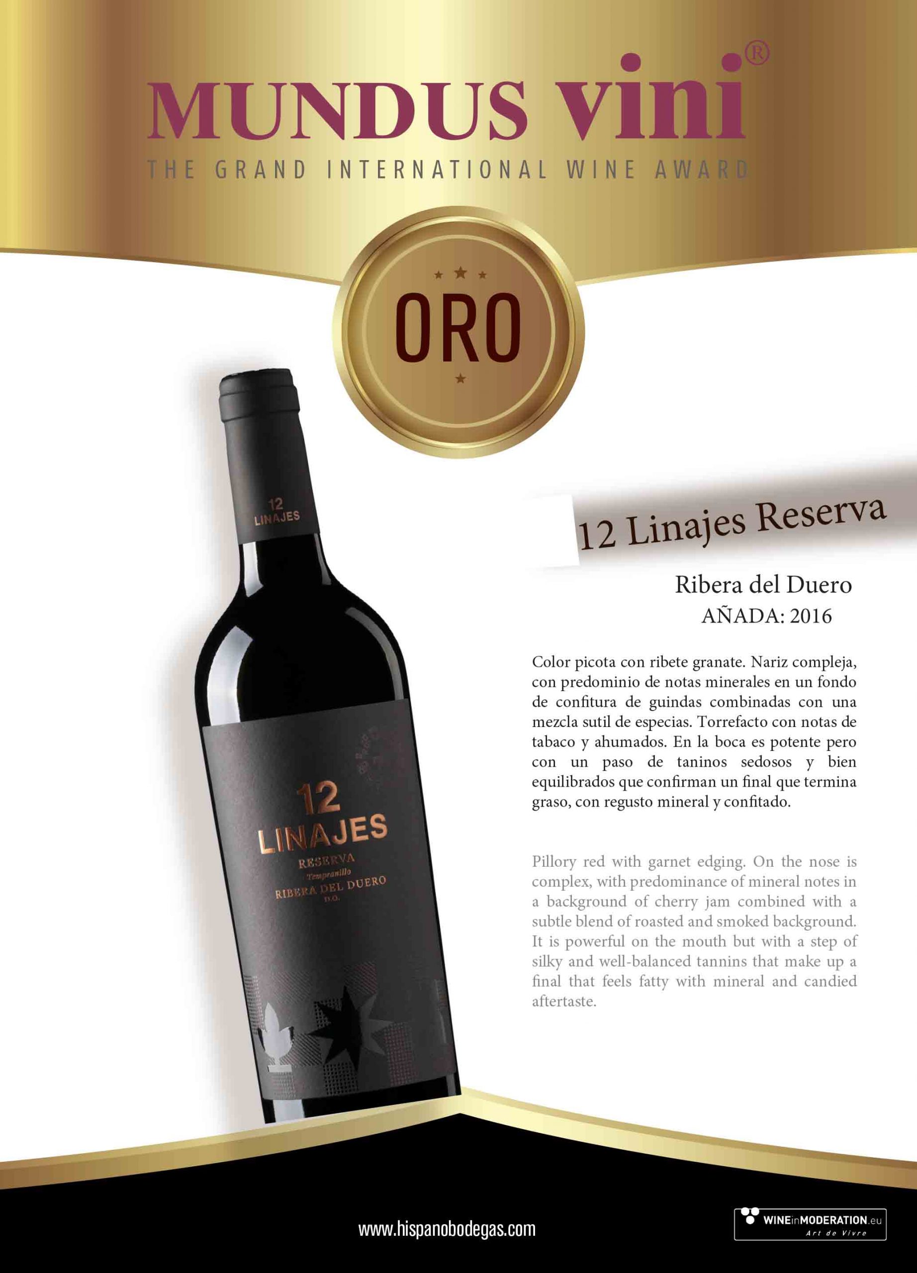 Mundus vini oro 12 linajes reserva